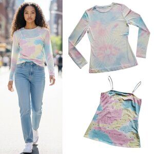 Fairycore Mesh 2-piece Pastel LS Tee over Matching Cami with Rhinestones Size M